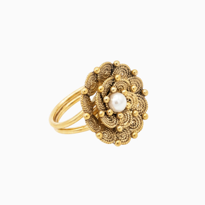 Anel Rendilha com Pérola em Prata Dourada