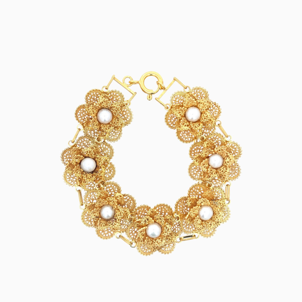 Pulseira Flores com Pérolas em Prata Dourada