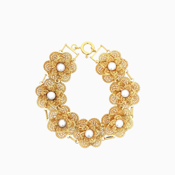 Pulseira Flores com Pérolas em Prata Dourada