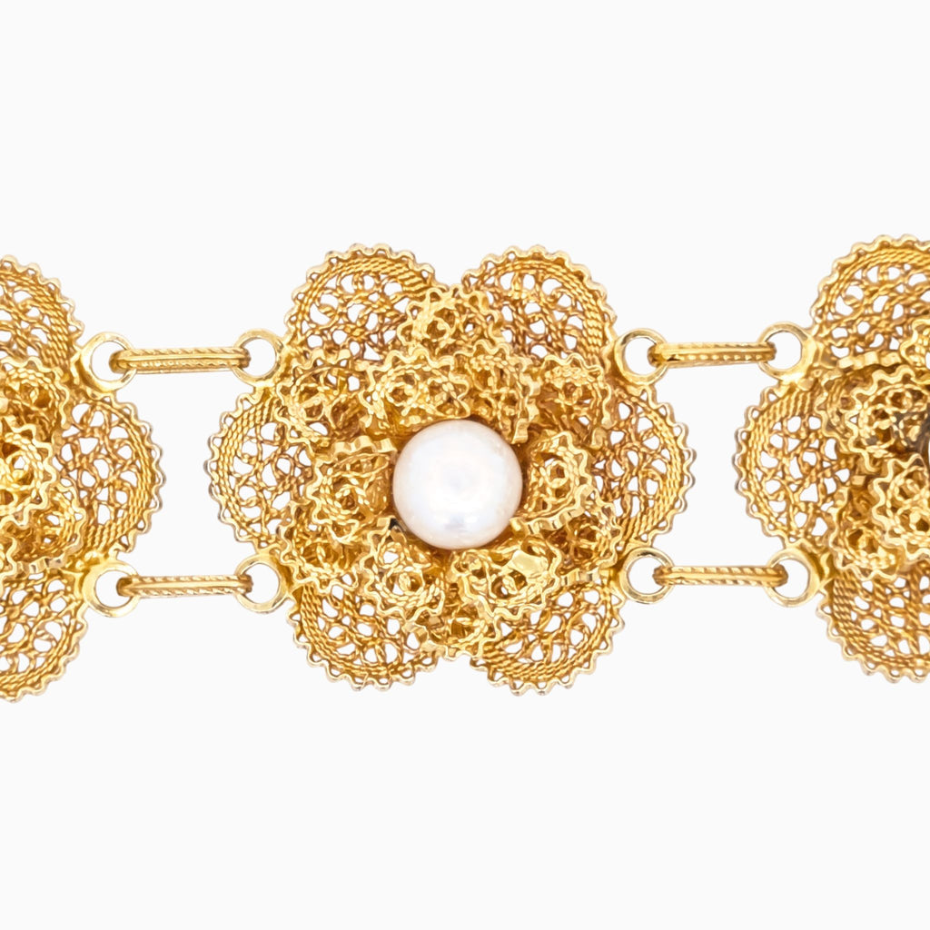 Pulseira Flores com Pérolas em Prata Dourada