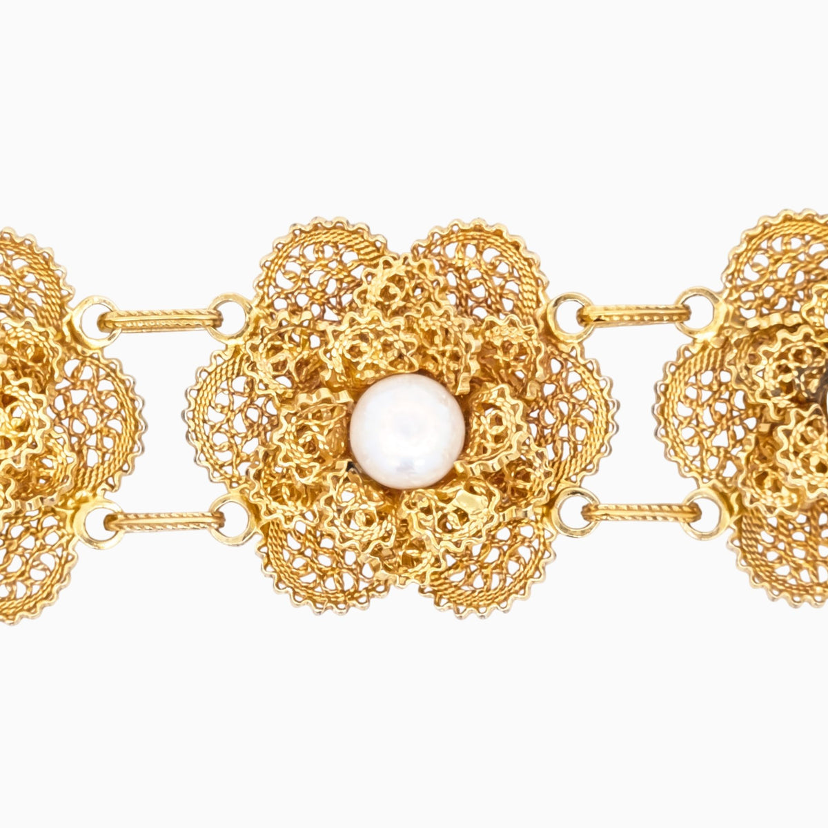 Pulseira Flores com Pérolas em Prata Dourada